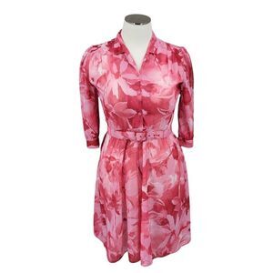 California Looks Vintage Pink Floral Belted Shirt Dress Women's Plus size 16P
